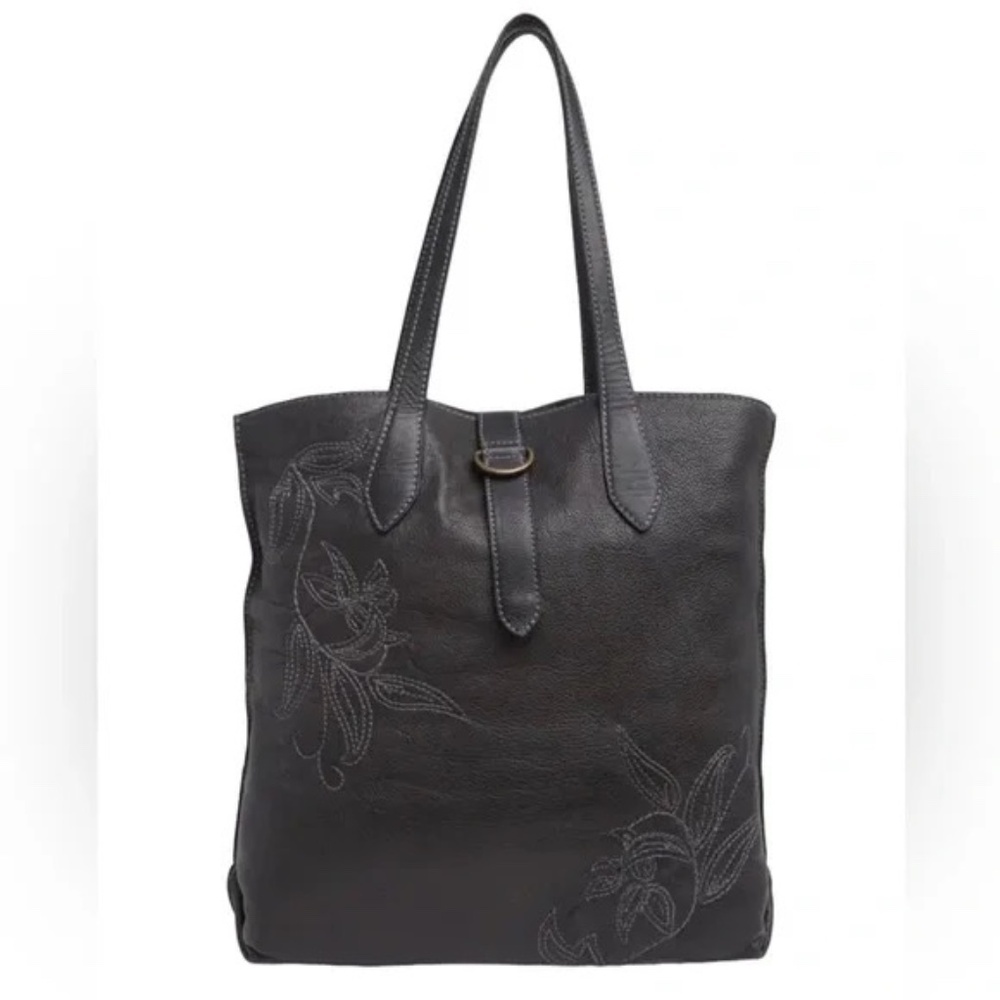 Frye Hadley Floral Embroidered Shopper Tote Handbag Charcoal Gray
